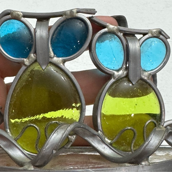Adorable Stained Glass Sun Catcher Owls Window Lead Metal Vintage - Picture 8 of 12